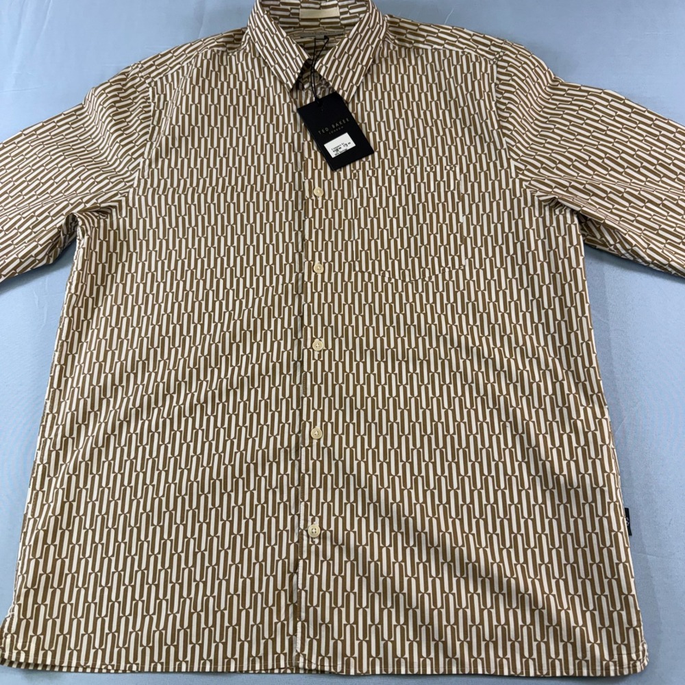 Ted Baker London Mens Geometric Pill Print Button Up Shirt Tan White Size 3 M